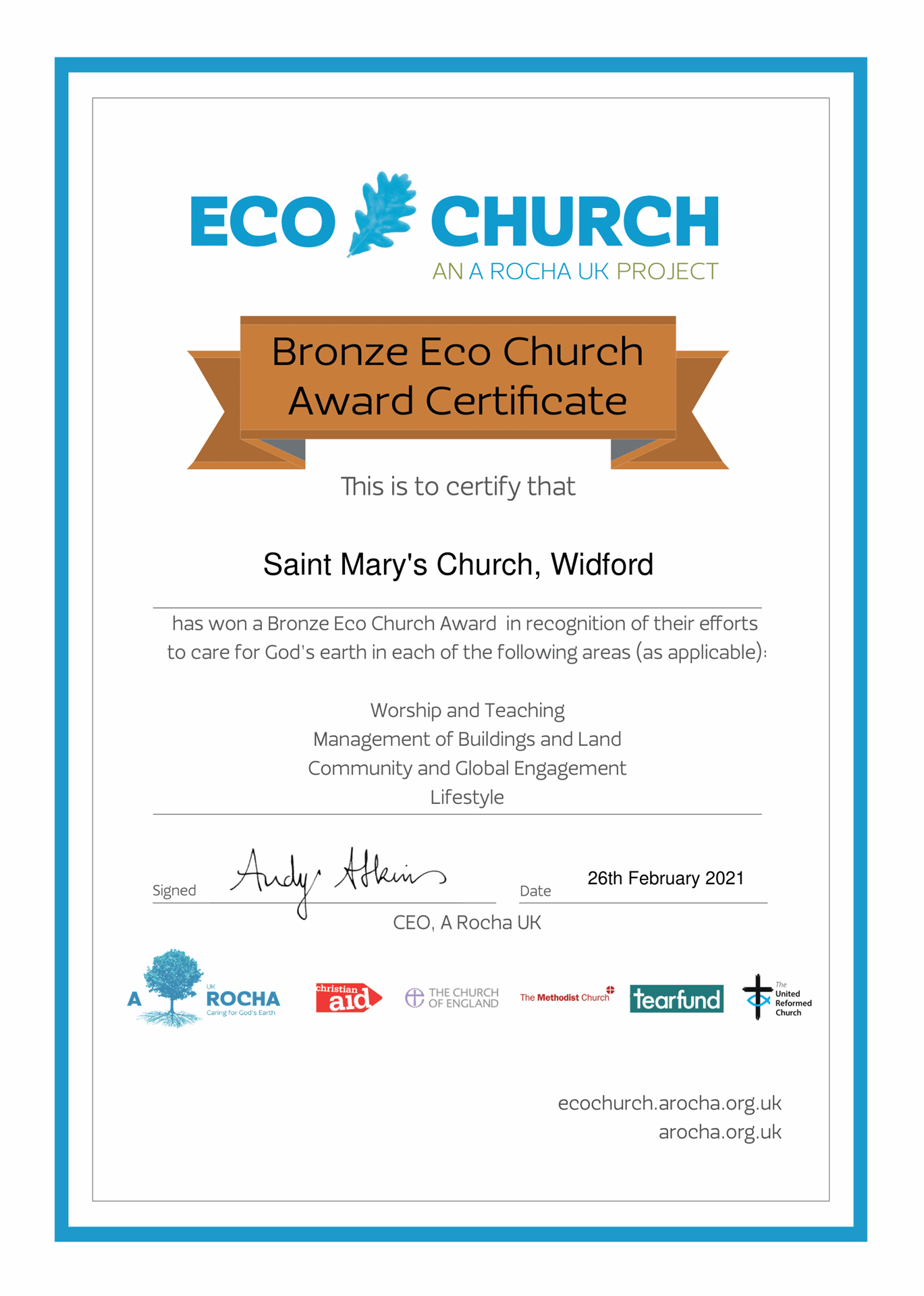 Eco Church Award Certificate Bronze Saint Marys Church Widford png